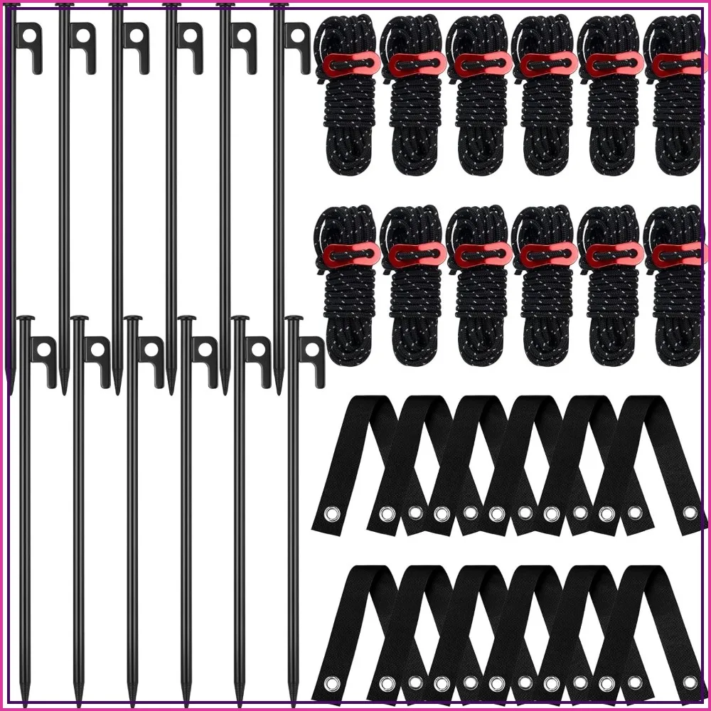

48 Pcs Tree Stake Kit, Heavy Duty Steel Stakes, Support Straps & Rope for Anchoring Leaning Trees, Hurricane Protection, Black