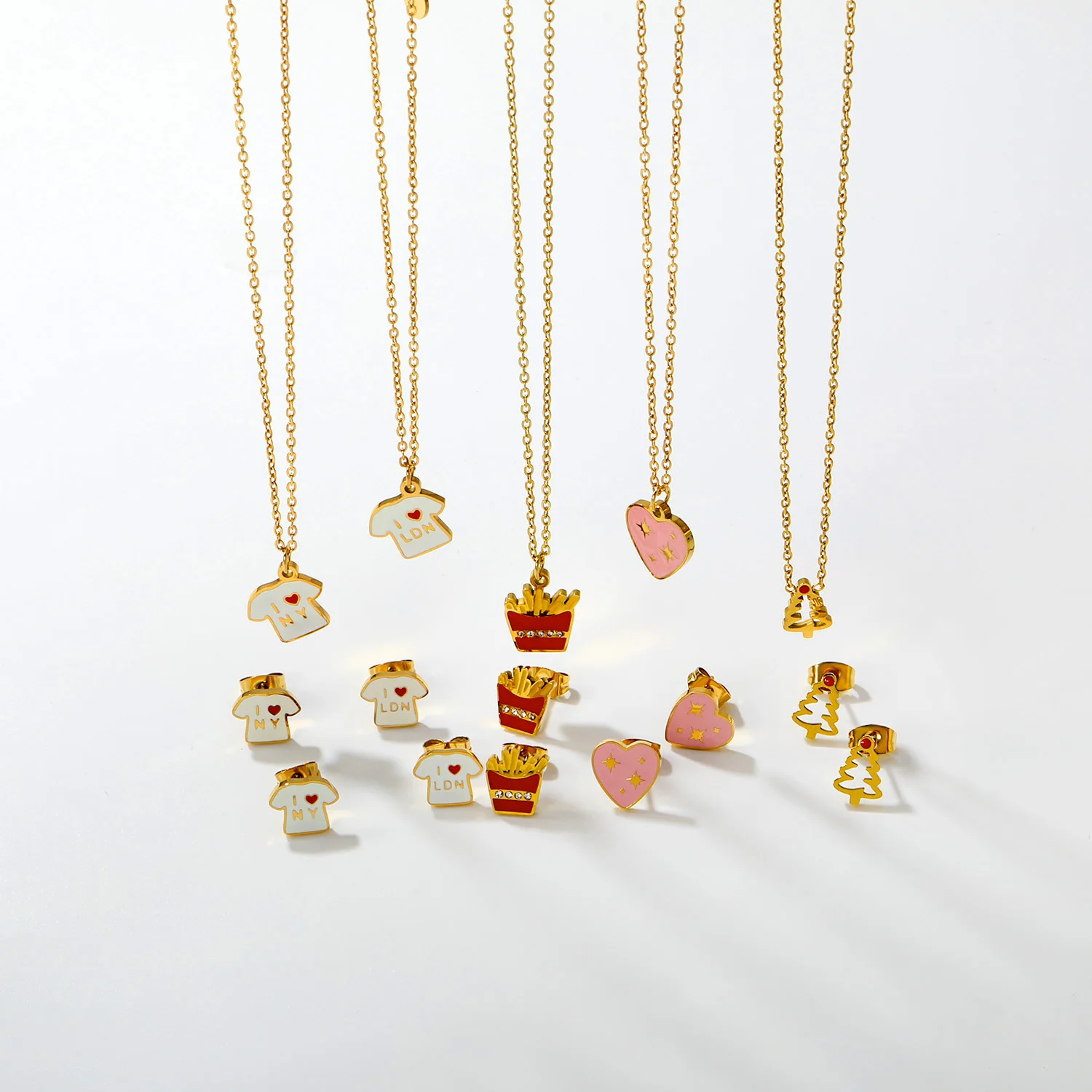 Fashion Oil Dripping Jewelry Sets Pendant Necklace Stainless Steel Golden Color Heart shaped French Fries Necklaces Party Gifts