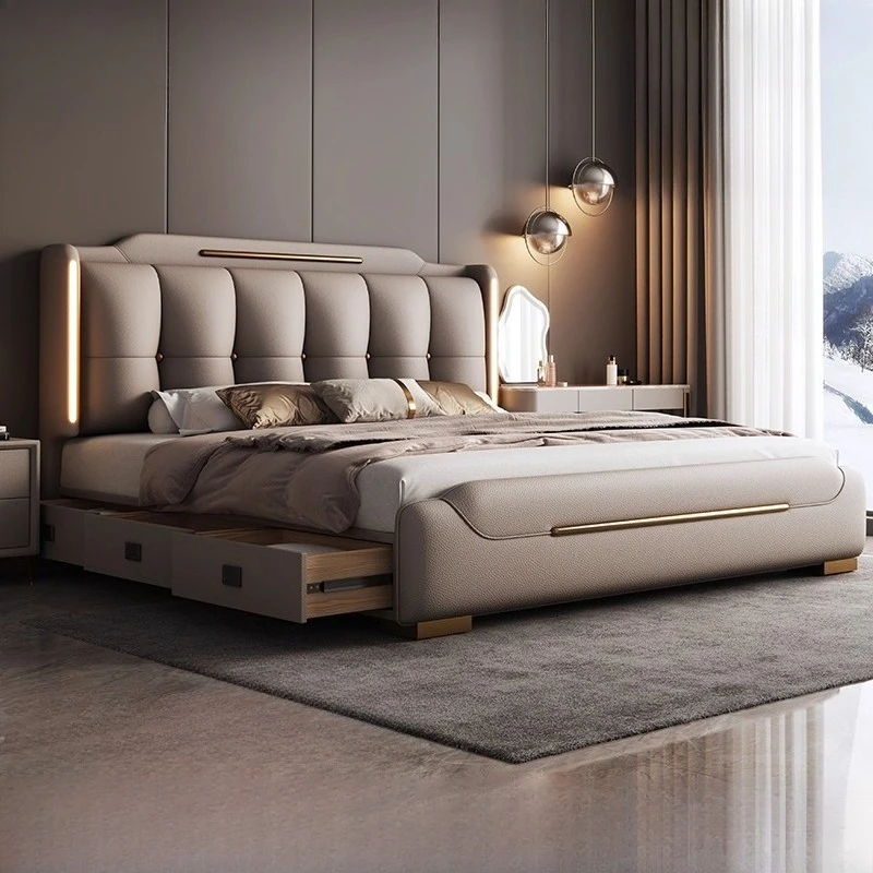 

200x220cm Headboard Italian Simple Modern Light Lamp Full Size Double Bed With Frame 3 Drawers Storage Space Bedroom Furniture