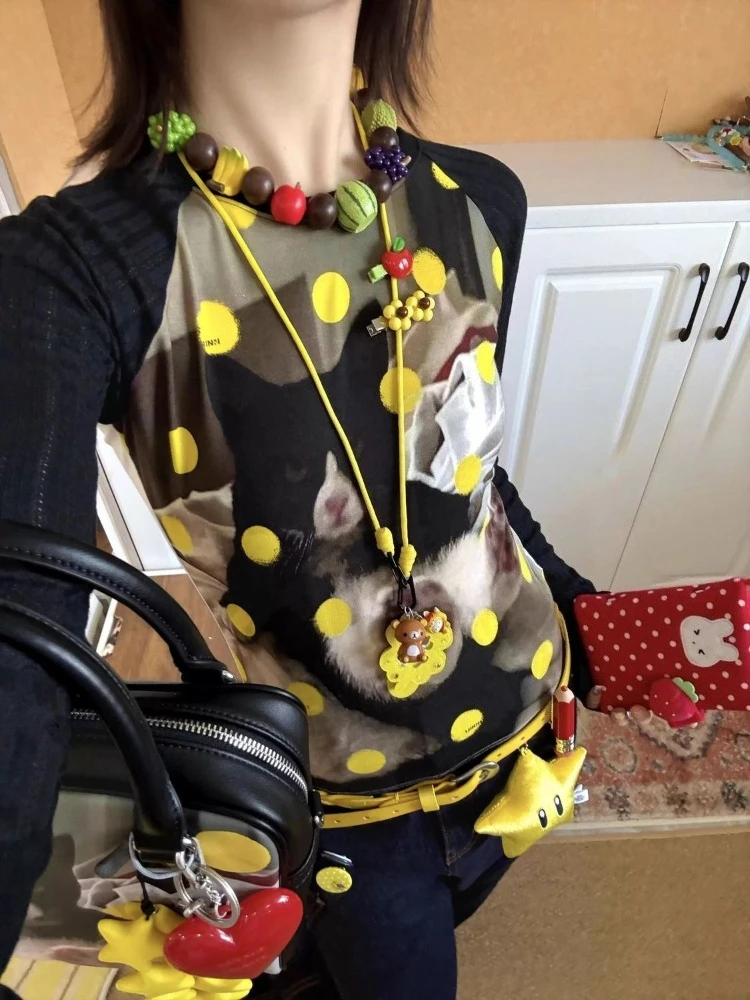 HOUZHOU Y2k Vintage T-shirt Women Harajuku Japanese Style Kawaii Print T Shirts Juminocore Female Long Sleeve Tees Streetwear