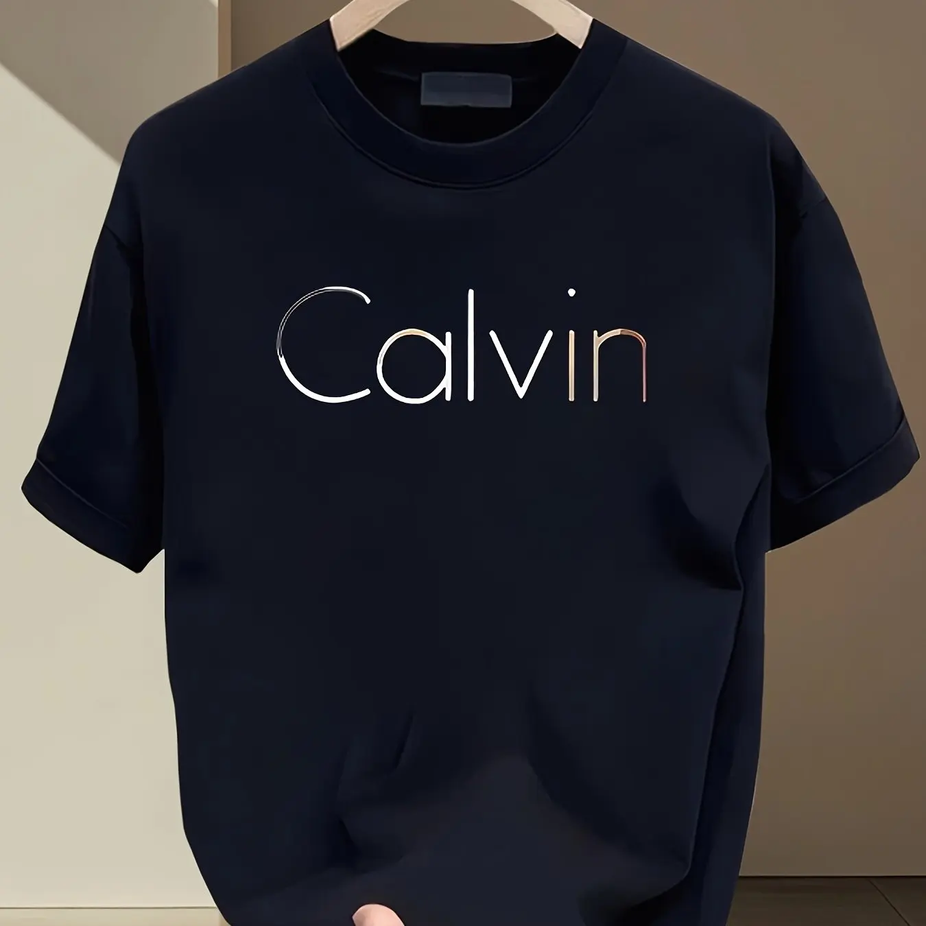 Herren-Sommer-T-Shirt aus 100 % reiner Baumwolle, modisch, lässig, sportlich, locker, Calvin-Buchstabe, bedruckt, Rundhalsausschnitt, kurzärmelig