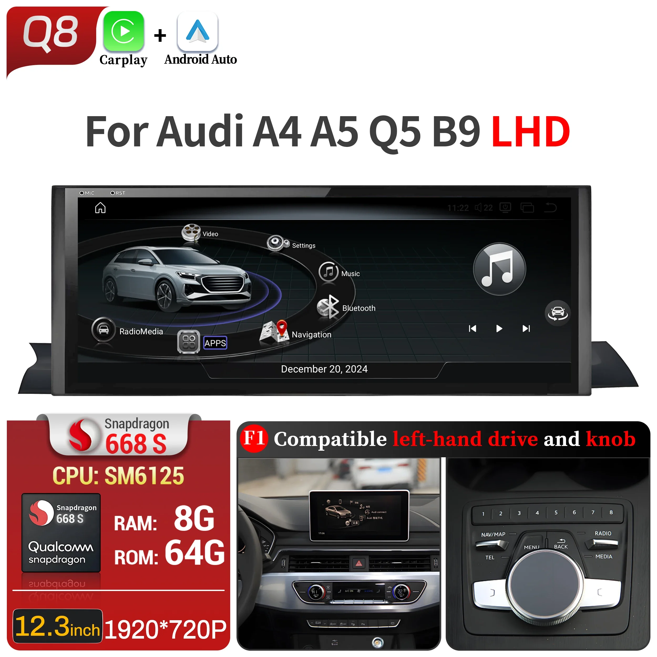 12.3 inch Android 13 Autoradio Voor Audi A4 A5 Q5 B9 2016-2023 Draadloze BT Carplay Qualcomm Snapdragon 680 Head Unit Touchscreen