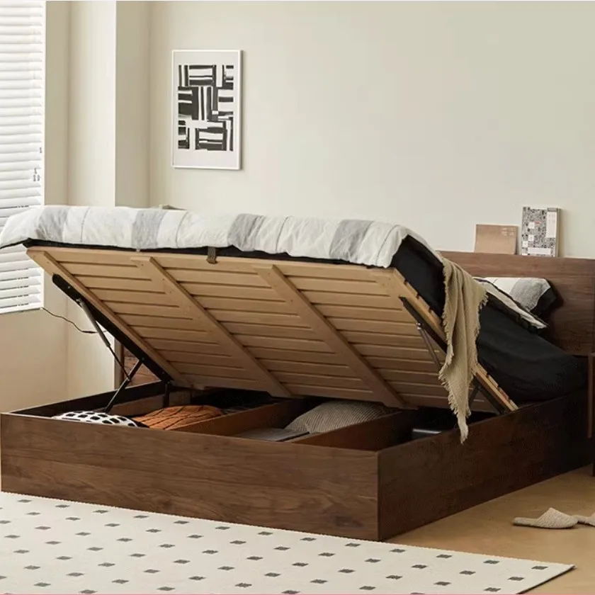 Настраиваемая полуамериканская коробка из черного ореха, высокая кровать, скандинавская маленькая квартира, двойная кровать для хранения вещей