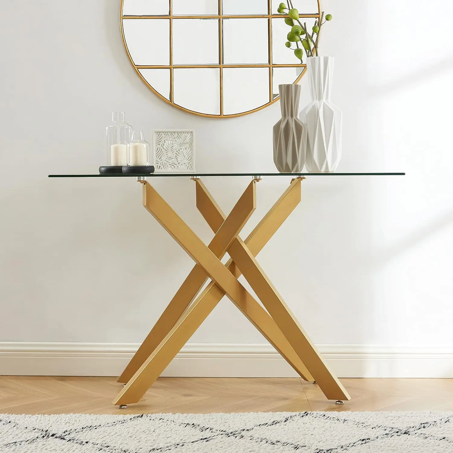 Cross-Leg Console Table 8mm Tempered Glass Gold Geometric Entryway Living Room Bedroom 45