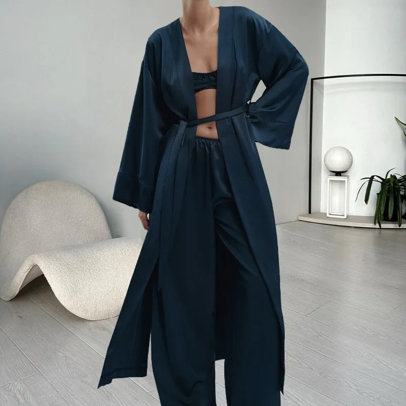 Autumn Collection Luxurious Blue Satin Long Sleeve Pajama Set Cardigan Trousers Comfortable Three-Piece Loungewear L Size