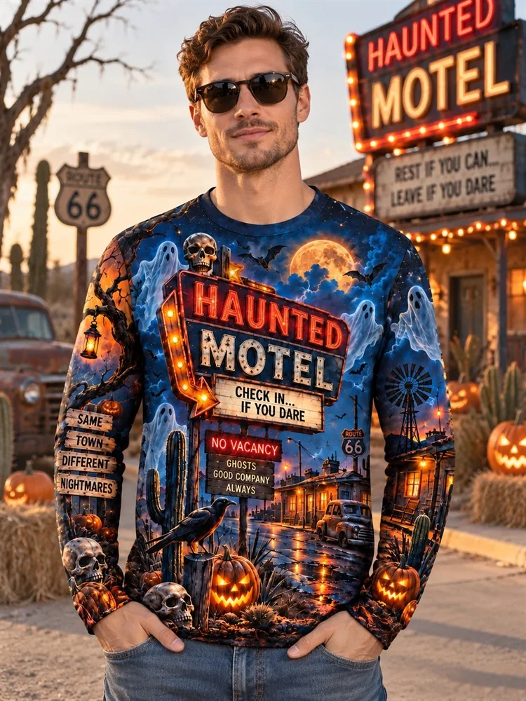 Men's Halloween Witches Welcome Haunted Forest Long Sleeve T-Shirt Owl Raven Cat Pumpkin Moon Lantern Graphic Tee Tops Gift view 2