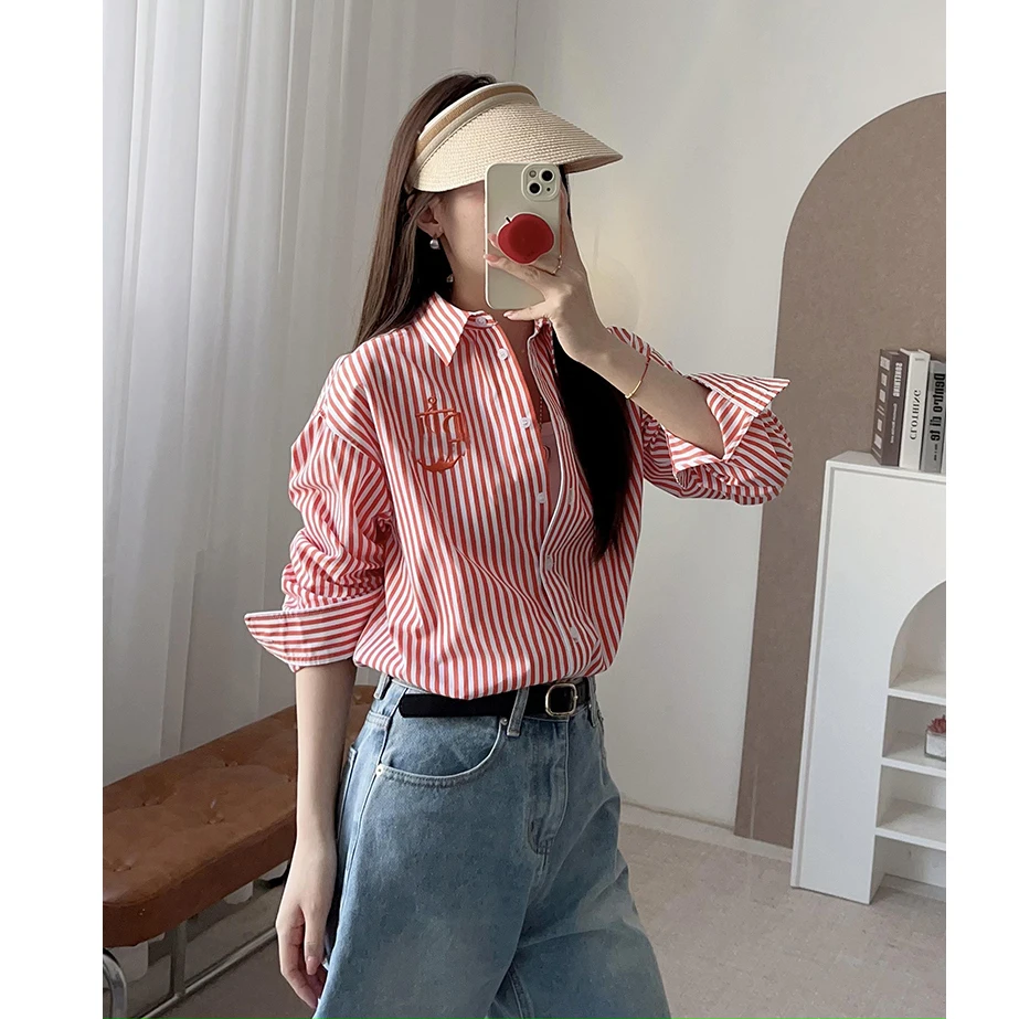 

American Sle Cotton irt Women's Loose Fit Collared Striped Embroidered Spring Autumn Casual Faion Classic irt
