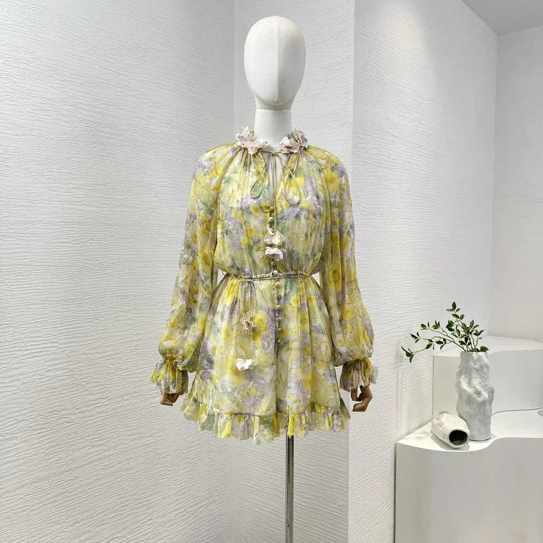 

2024 Summer New Collection Yellow Floral Print Long Sleeve Flower Decoration Women Jumpsuit for Holiday