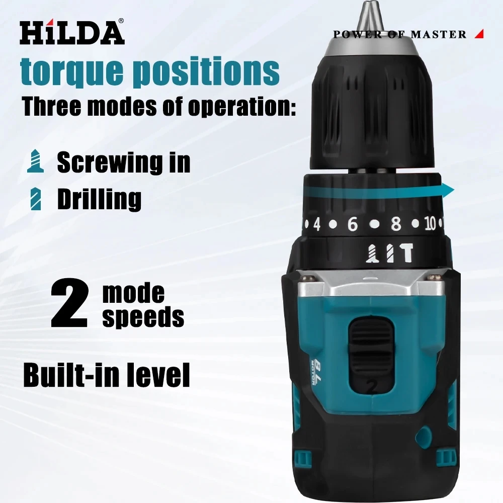 HILDA 21V Multi Functional Electric Impact Drill Cordless Screwdriver Power Tools 20+1 Torque For 21V Makita Lithium Battery