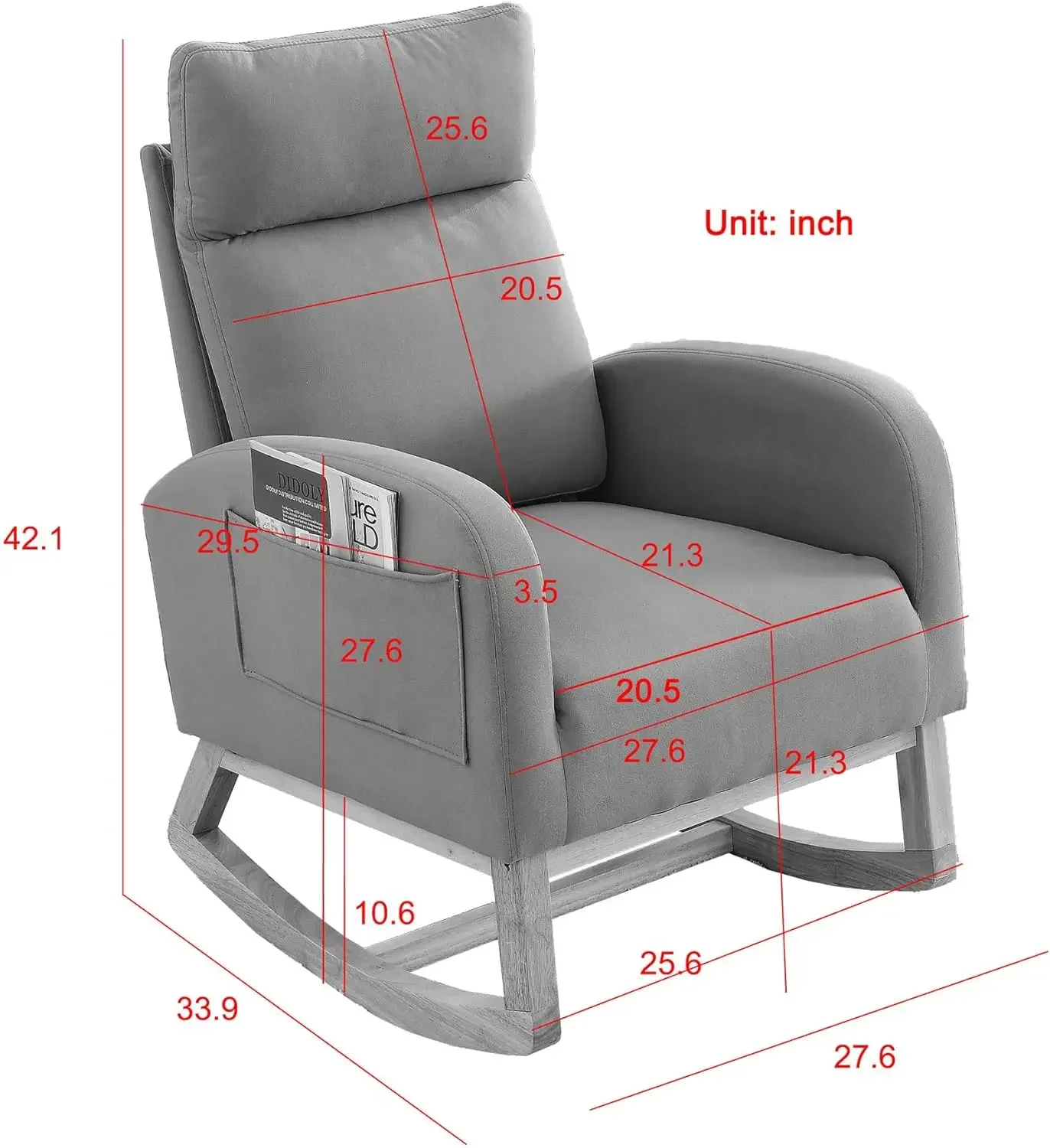 Rocking Glider Chair, Modern Fabric Tall Back Accent Rocker Chair Upholstered Arm Chair w/Side Pockets, Modern Leisure Single So