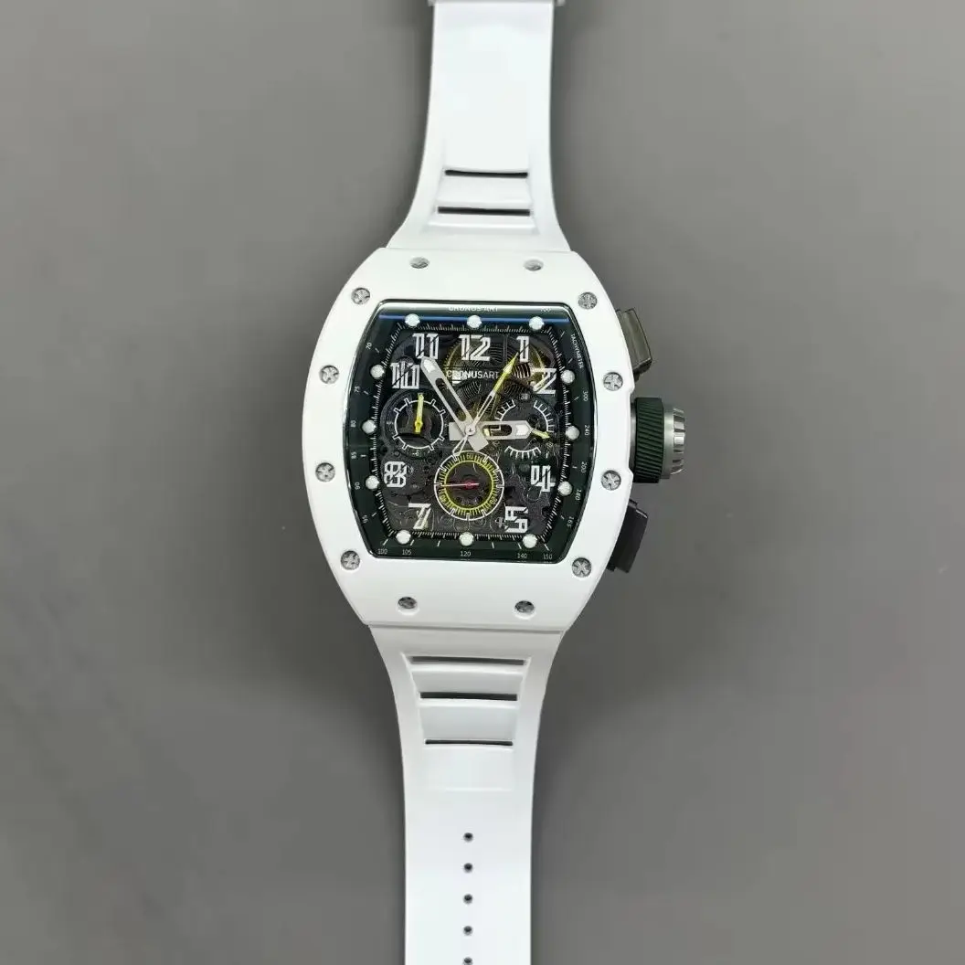 CRONUSART Men Chronograph Watch Tonneau Automatic Mechanical Wristwatch Waterproof Luminous Sapphire Mirror FKM Strap Skeleton