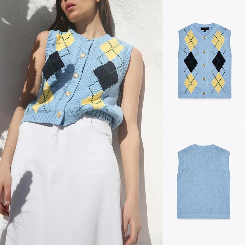 Simple Sle Women's Knitted Vest round Ne Svel Diamond Pattern Button Decor Spring Summer Faion Commute Polyester ...