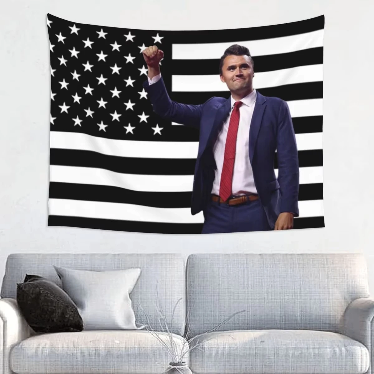 Charlie Kirk Wandteppich mit amerikanischer Flagge, bunt, Polyester, Wandbehang, Wandteppich, Raumdekoration, Tischdecke, Retro-Decke