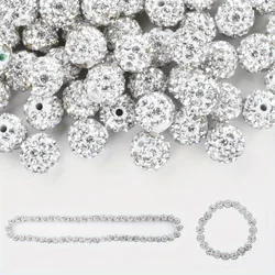 50pcs White 10mm Rhinestone-Encrusted Polymer Clay Beads for DIY Bracelets & Necklace Decorations - Sparkling Round Craft Beads