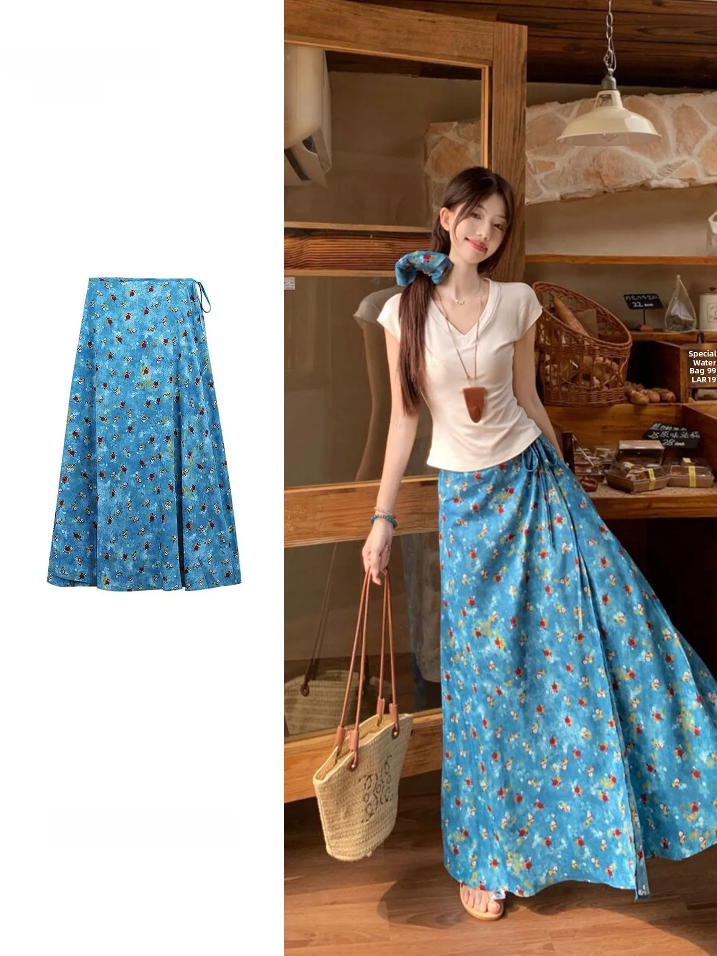 

Blue Floral Oil Painting Halter Half Skirt with Belt Short V-Neck Top Set Women's Summer Vintage Long Short Sleeve Breathable