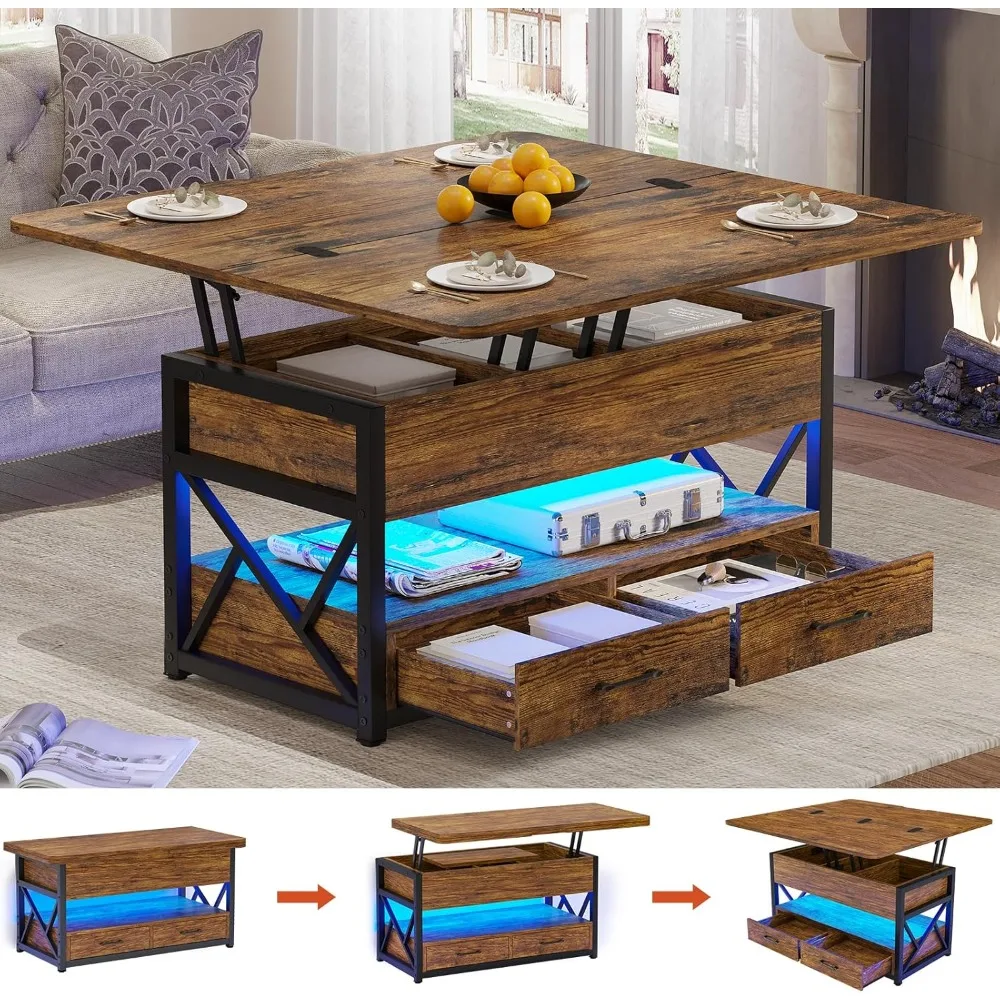 4 in 1 Living room coffee table with storage cabinet, small farmhouse coffee table with 2 drawers for dining room reception room