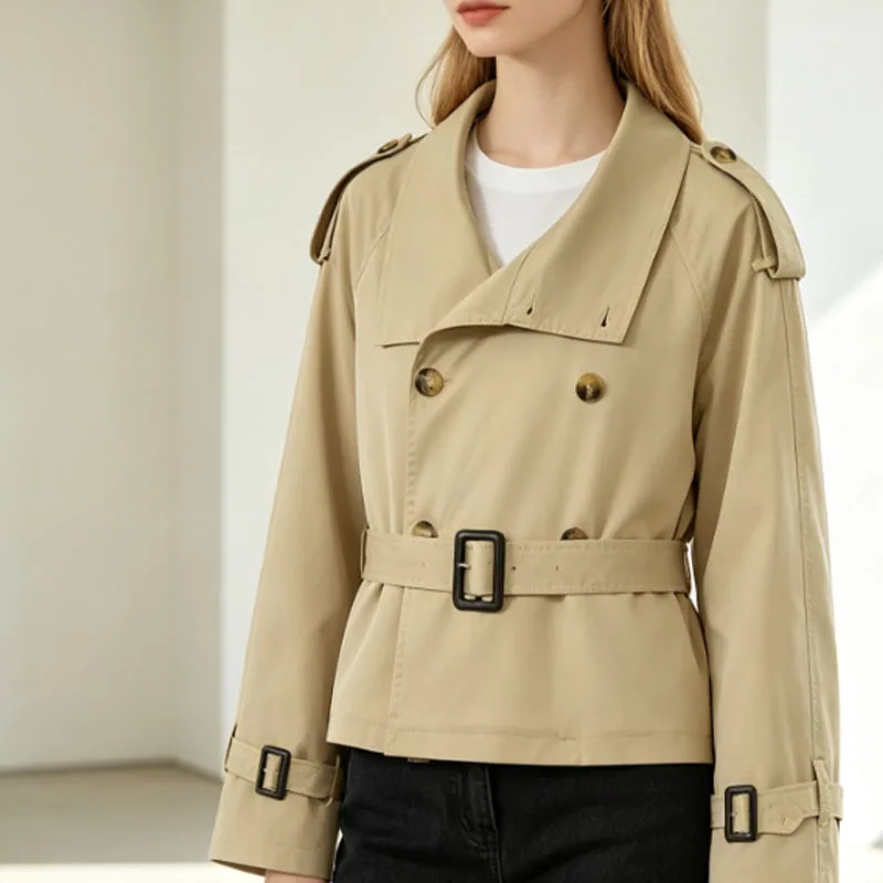 Guobioziy Women's short trench coat double-breasted lapel  shoulder straps waist belt, slim short style  long sleeves vintage