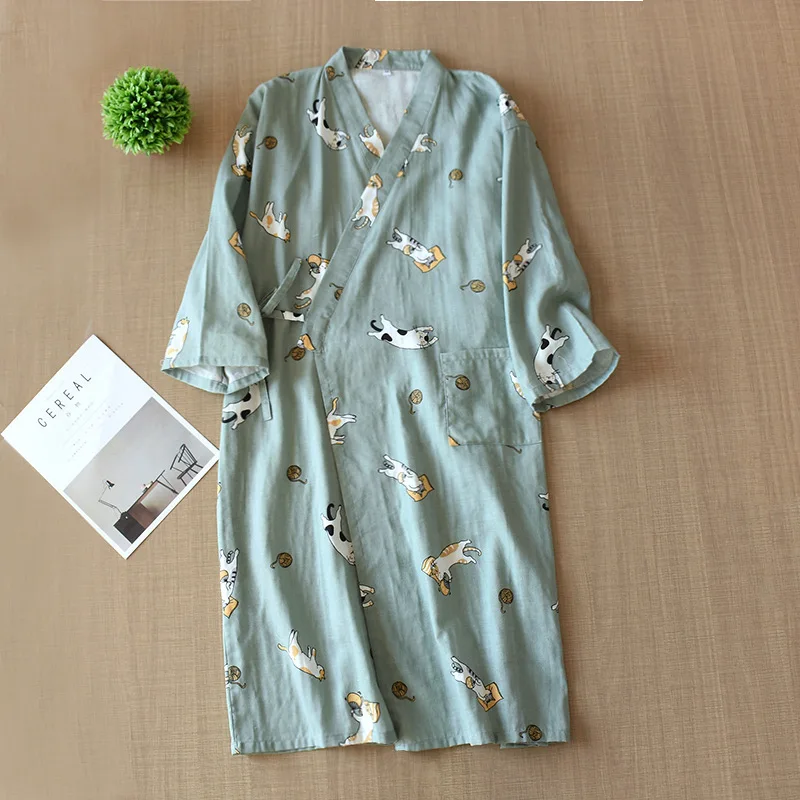 2026 Women's Robe 100% Cotton Robe Kimono Seven-Sleeve Pajamas Loose Cartoon Cat Print Night-robe Pajamas Bathrobe for Couple