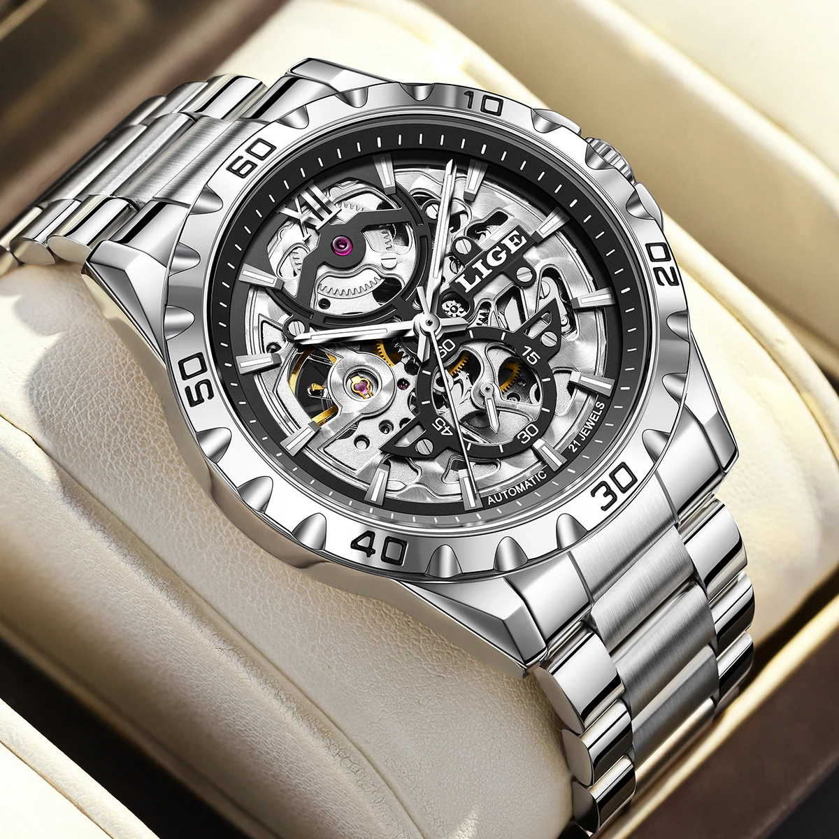 LIGE New Steampunk Skeleton Men's Watch Luxury Automatic Mechanical Watches Luminous Waterproof Stainless Steel Strap Watch +box