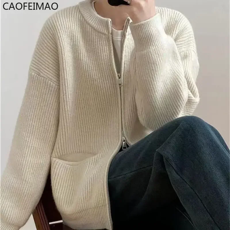 Caofeimao 2023 Women Spring O-Neck Cardigans Zip Design Loose Style Long Sleeve Women Soft Sweater Winter Cardigans Coat