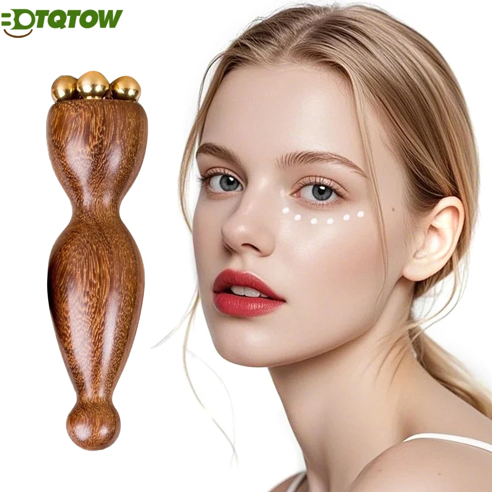 BOTQTOW 1PCS Mini Ice Roller, Sandalwood Facial Massage Tool, 5 Copper Beads for Face and Eyes, Travel Size