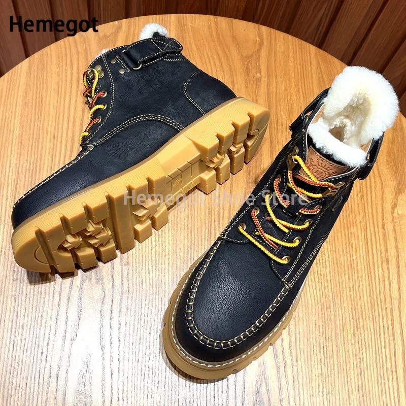 Men Wool Snow Boots Winter High-Top Shoes Lace-Up Thick Winter Warm Booties Genuine Leather Ankle Male Boots Casual Shoes