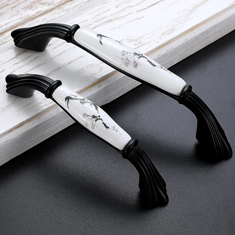 YM Chinese Painting Ceramic Black Cabinet Handles Drawer Knobs Wardrobe Door Plum Blossom Handles Furniture Hardware 701