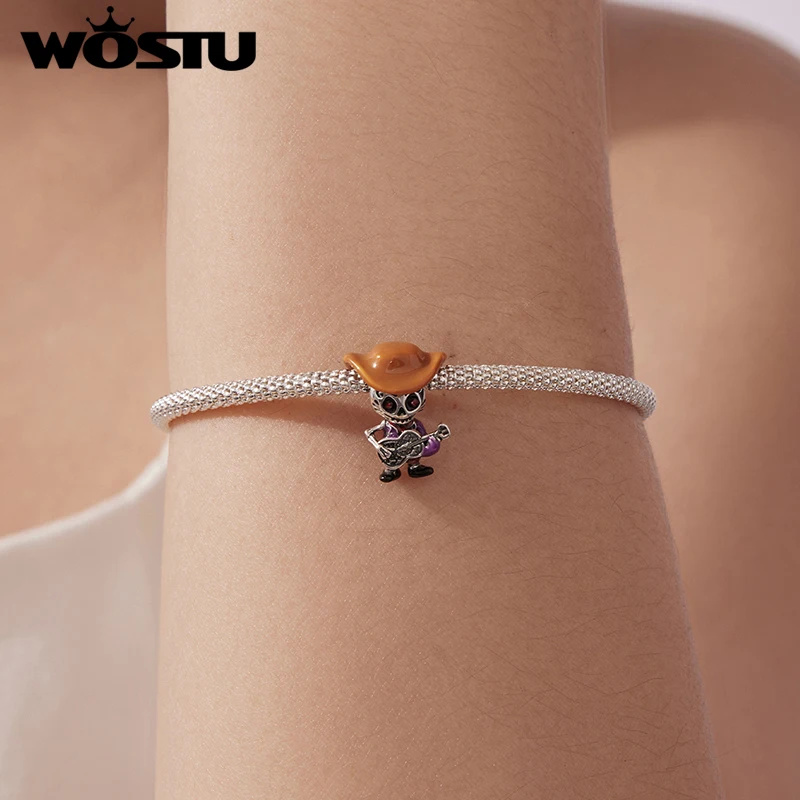 WOSTU 925 스털링 실버 해골 기타리스트 참 해골 사진 액자 펜던트 여성용 팔찌 DIY 고급 주얼리 선물