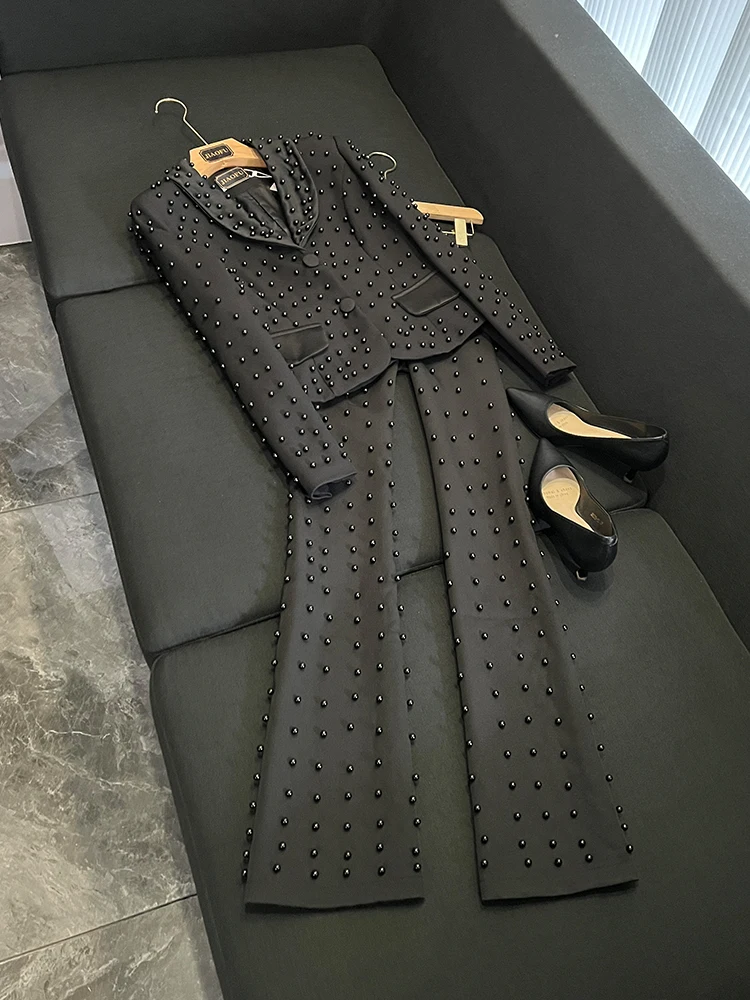 

Faionable High Waist Wide Leg Pants Set Women's Color Blouse plus Beads New Arrival Ele Sle French Sle