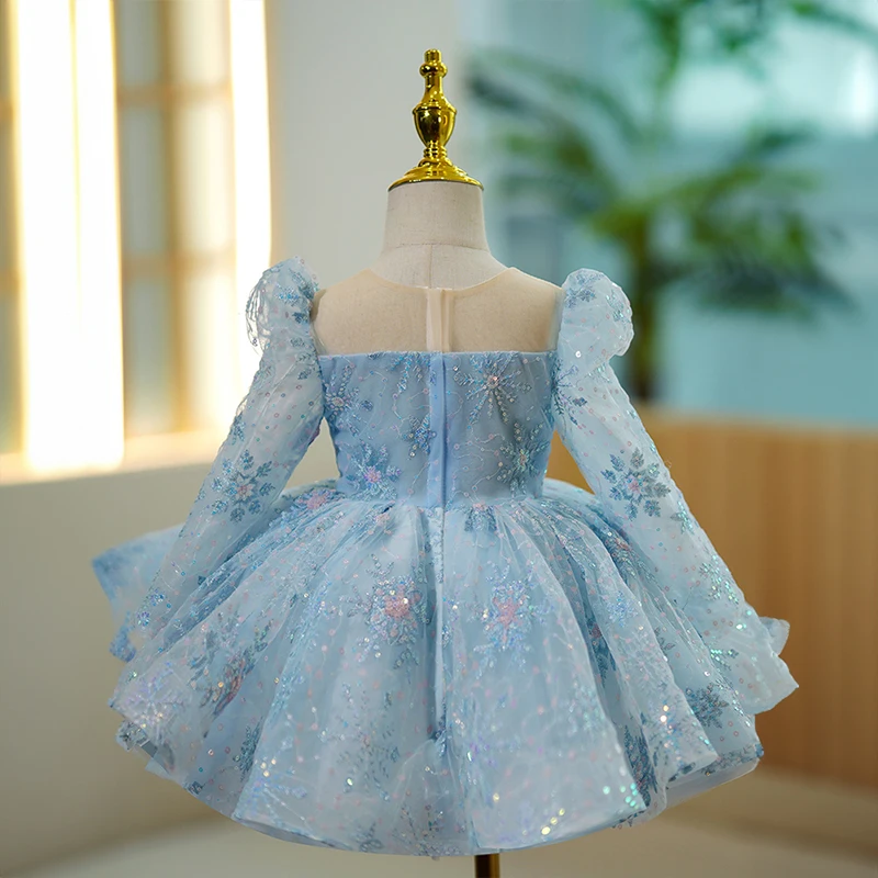 Children Eid Holidays Elegant Girls Blue Dress Birthday Party Evening Ball Gowns Formal Kids Luxury Pageant Gala Short Dresses