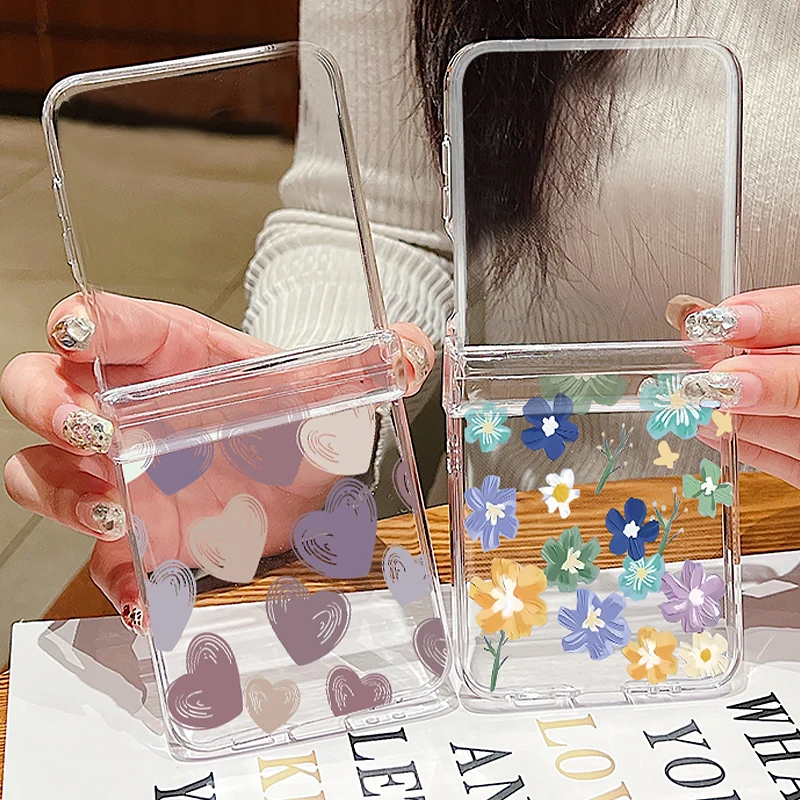 Love Heart Pattern Clear Phone Case For Xiaomi Mix Flip Flip2 Transparent Flower Shockproof Folding Hard Cover For Mi Mix Flip2