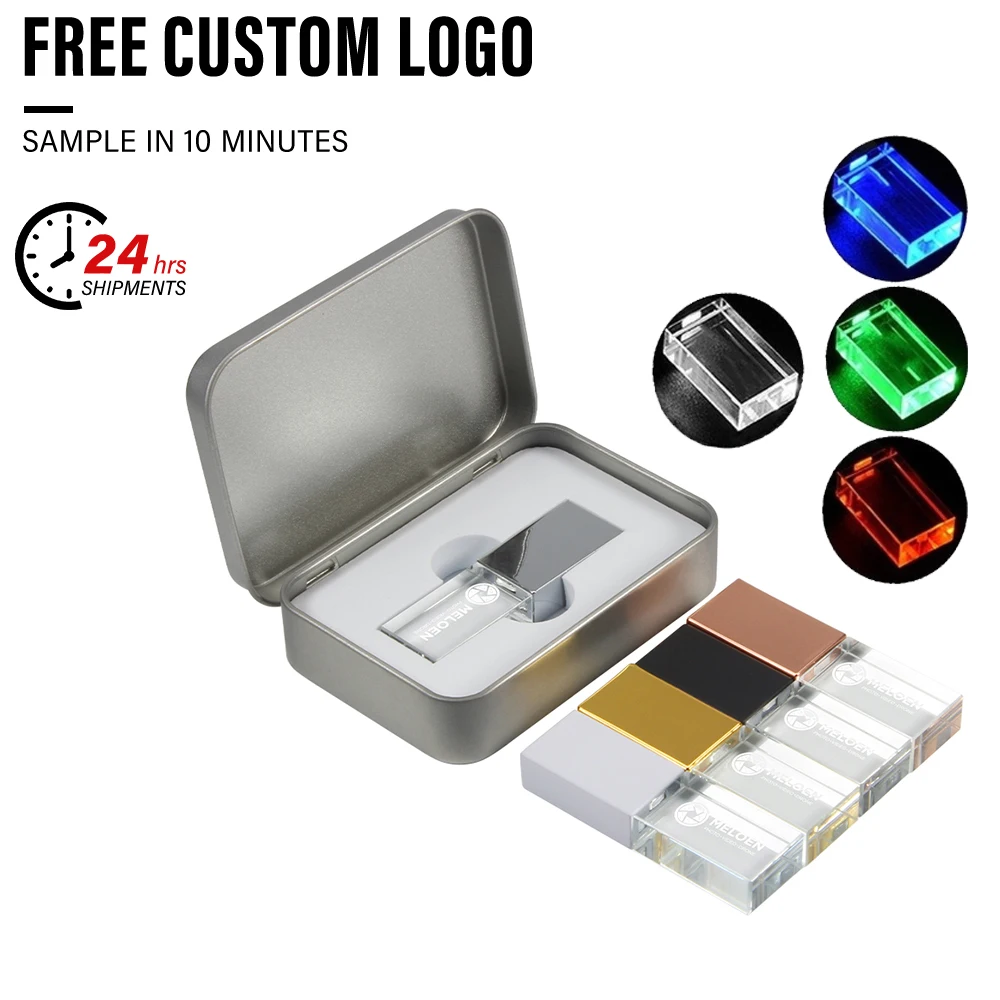 

JASTER Бесплатный индивидуальный логотип USB-флешка 128 ГБ Свадебный подарок Память 64 ГБ Синий светодиодный флэш-накопитель 32 ГБ Crystal Storage Devices 16G