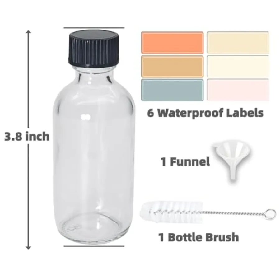 Glass Boston Round Shot Bottles, Leak-Resistant, 6-Pack Borosilicate Glass; Leak-Resistant Caps; 2oz/60ml Travel Size; 6-Pack w