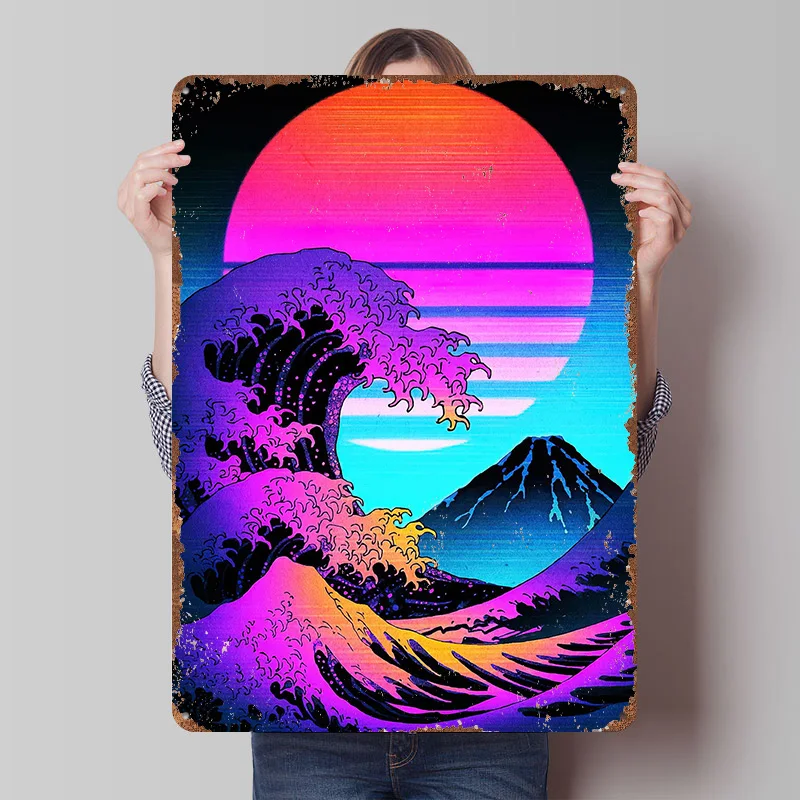 Vaporwave Great Wave Off Kanagawa Printed Poster Customized Wall Art Retro Vintage Metal Tin Signs for Home Decoration Gaming
