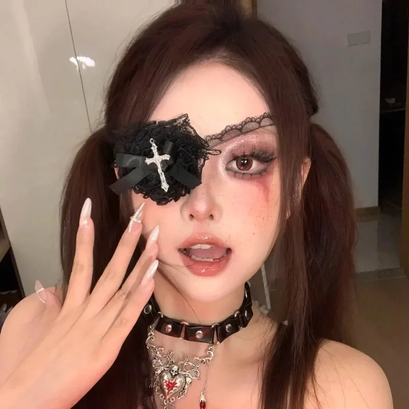 Vintage Punk Heart Bow Eye Mask Cross Eye Patch for Women Lolita Gothic Cosplay Lace Eyewear Leg Chain Accessory