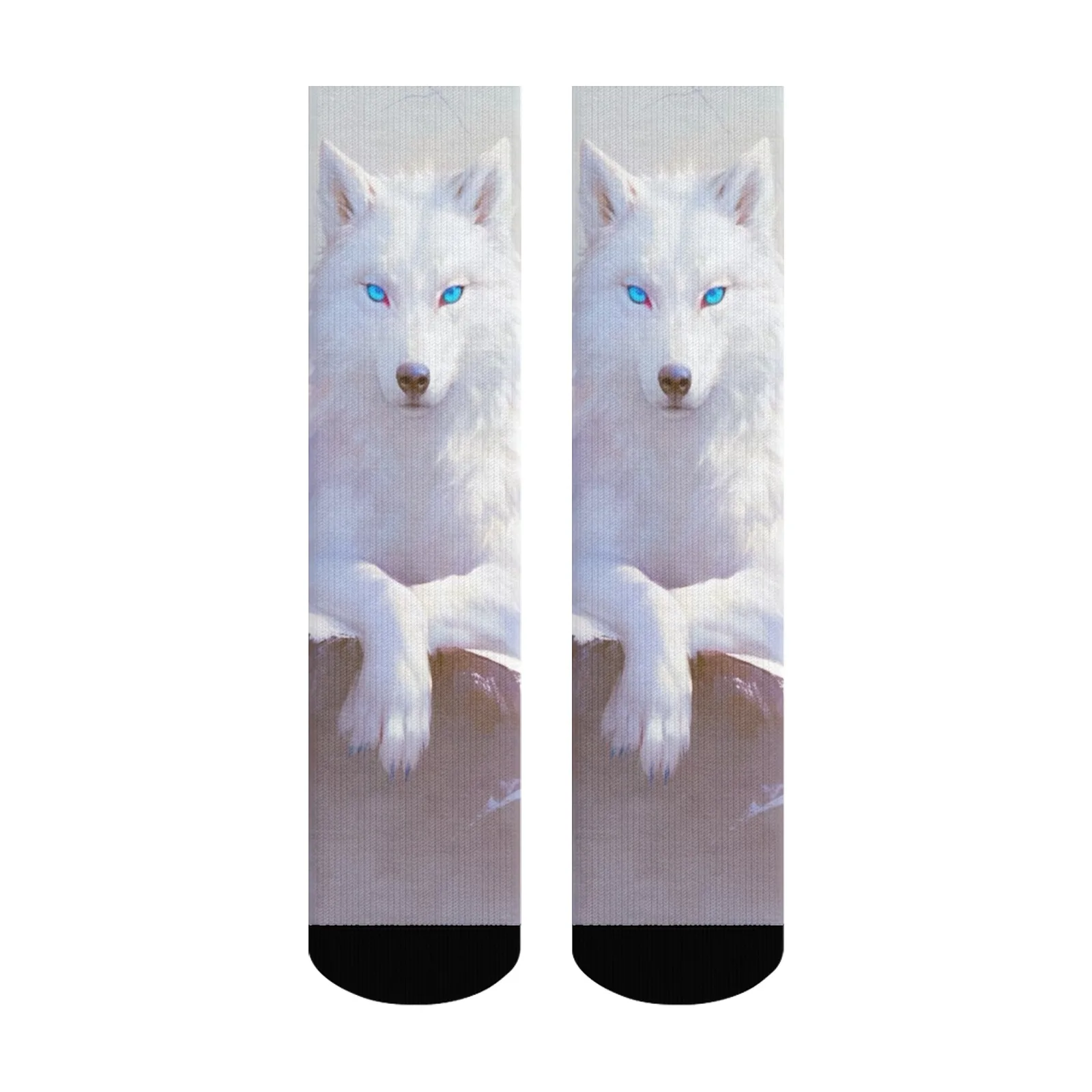 Novidade meias de cano médio com estampa de lobo branco selvagem com olhos azuis – unissex macias e confortáveis respiráveis para entusiastas da moda