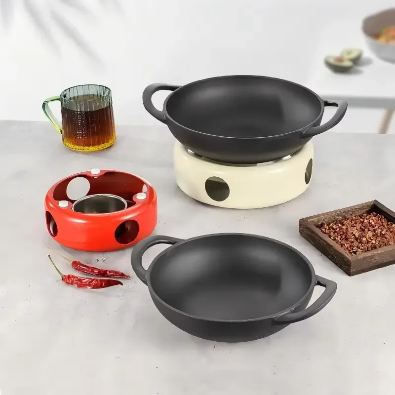Commercial Cast Iron Wok Two Handle Dry Pot Cookware Restaurant Special Alcohol Fuel Chinese Retro Style Pan