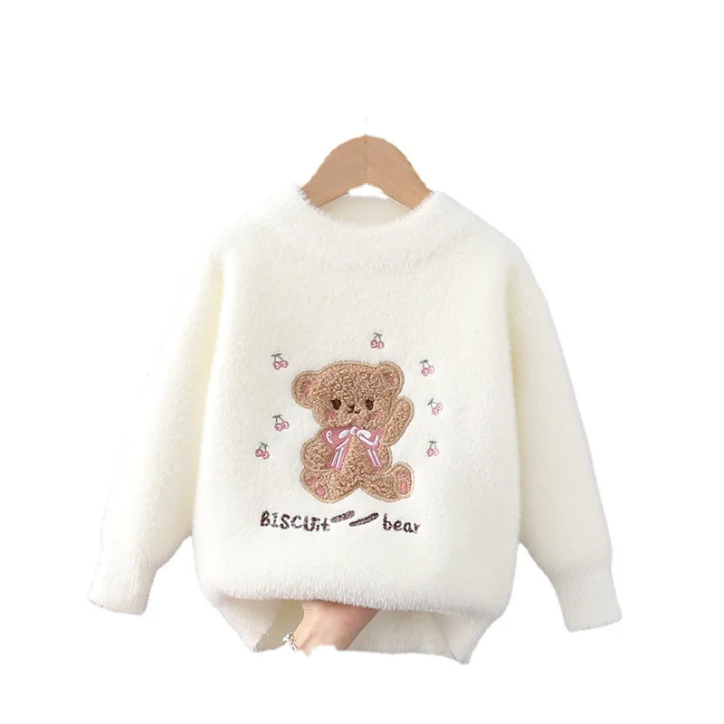 Autumn Winter 2022 Children\'s Sweater Pullover Girls\' Round Neck Knitwear Flocking School 3-11 Years Teenage Girls Tops FY10051