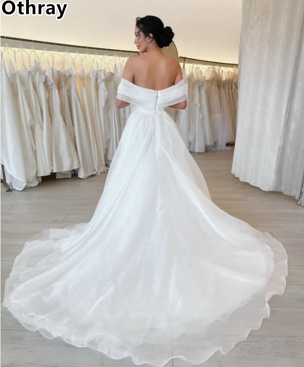 Othray elegante una línea vestidos de novia novia mujeres fuera del hombro Organza drapeado plisado escalonado barrido tren vestidos de novia para boda