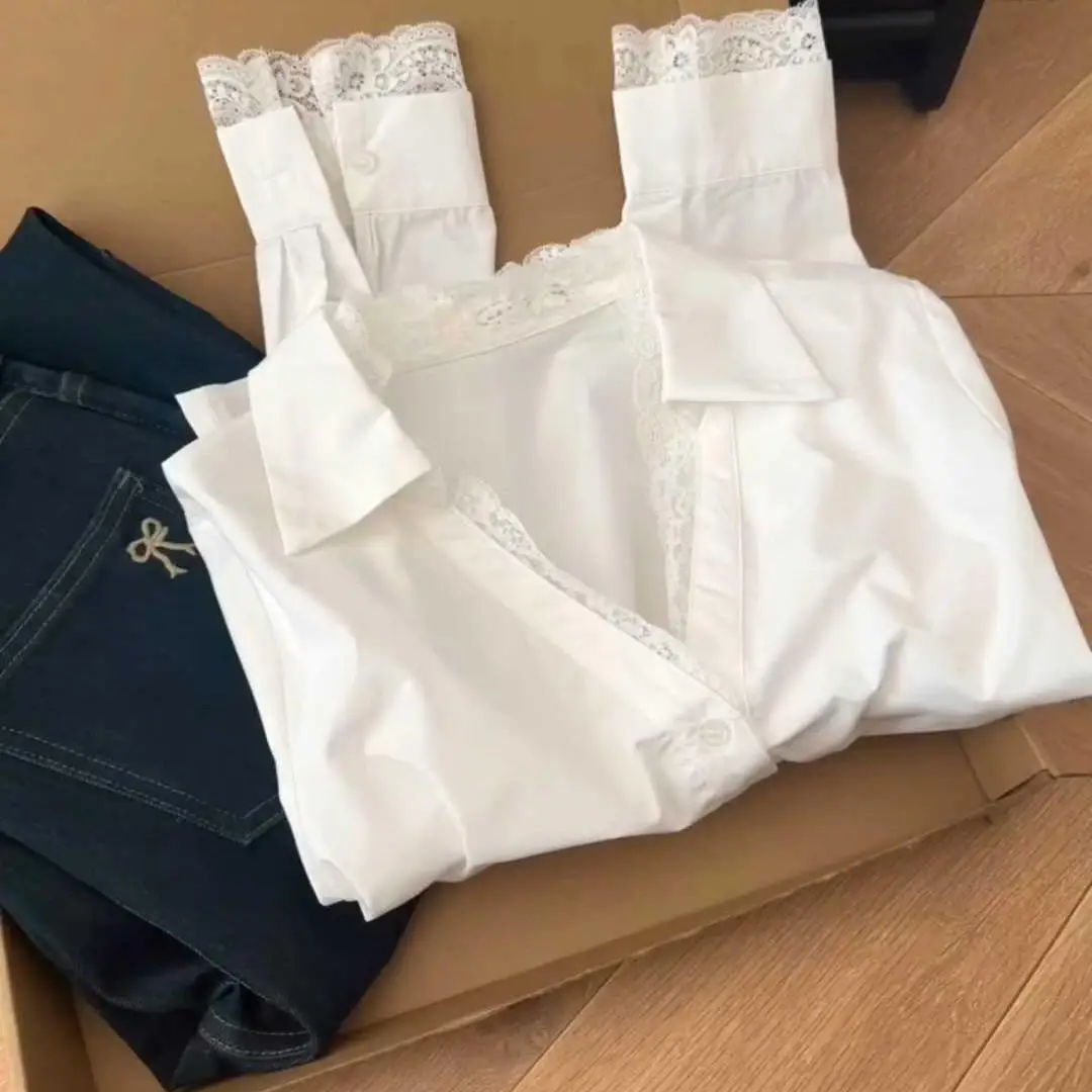 

Женская свободная блузка средней длины с кружевными вставками и длинными рукавами, белая, весенняя, модная