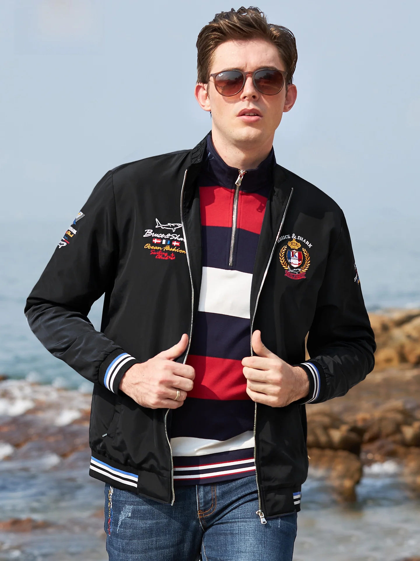 

Spring New Men's Thin Jaet Bruce ark Brand Sport Outerwear Loose Large Size Embroidered Open Cardigan Faion Urban Sle