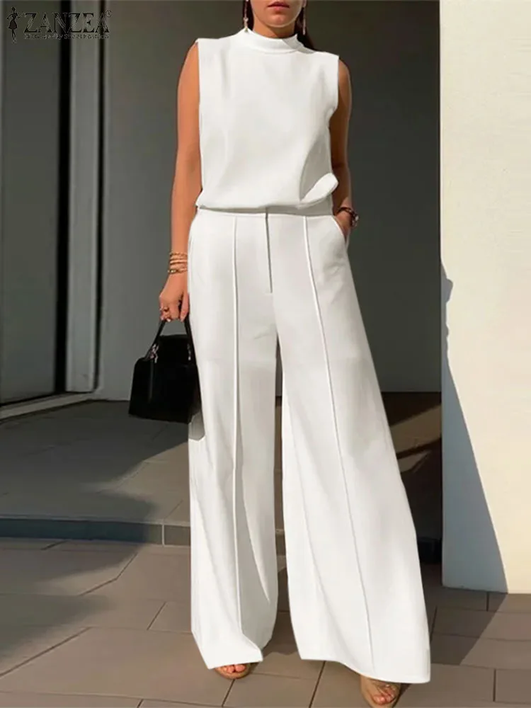 Stylish Women Pant Sets Summer Elegant OL Work Suit ZANZEA 2PCS Solid Tracksuits Sleeveless O-Neck Blouse  Wid Leg Trousers Suit