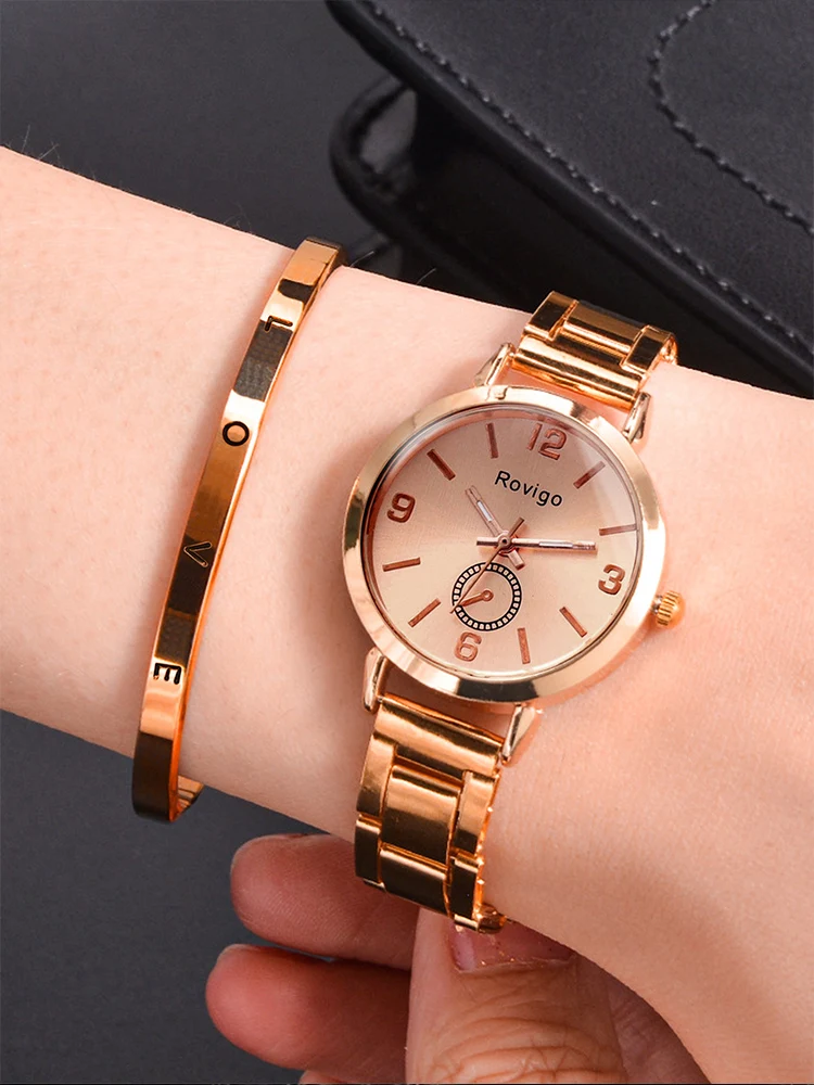 2pcs Women\'s Fashion Simple Silver Steel Band Quartz Watch+LOVE Bracelet Set