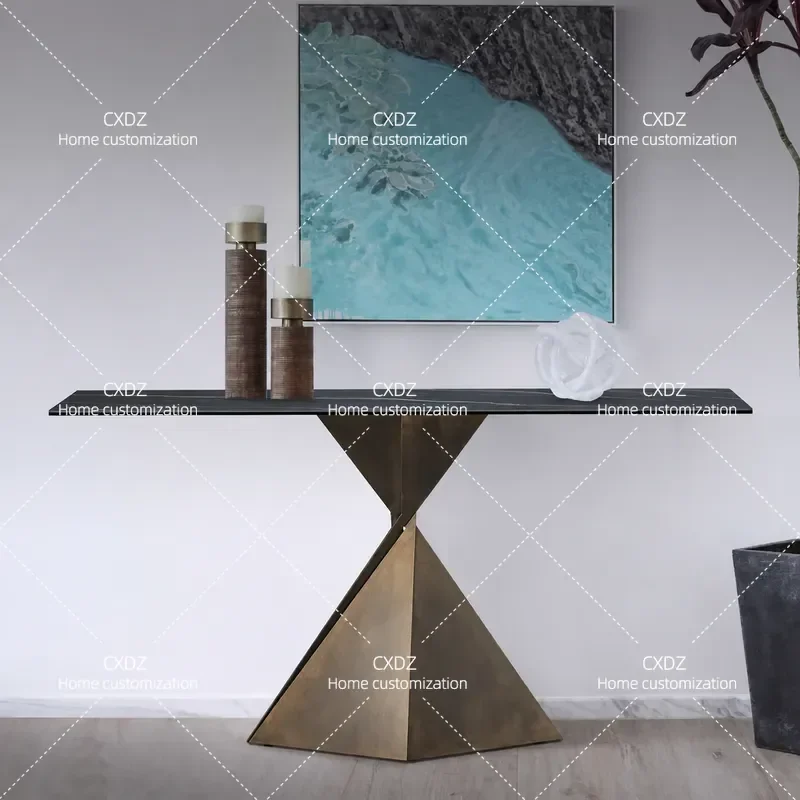 Modern Minimalist Entrance Console Table with Bronze Frame and Rock Slab Top Hallway Wall Storage Platform for Entryway Decor
