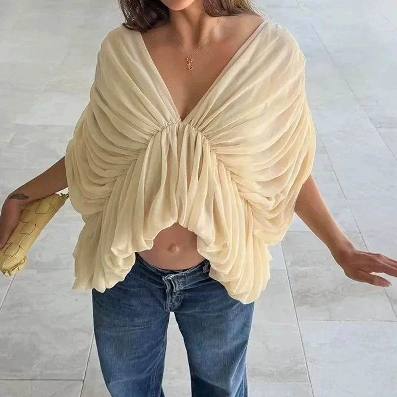 New Deep V‑Neck Batwing Sleeve Gathered Pleated Blouse Women Solid Chiffon Crop Top Loose Ruffle Hem Party Clubwear Casual Shirt