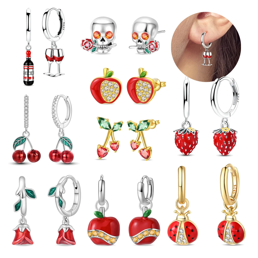 السلسلة الحمراء 925 الفضة الاسترليني التفاح الفراولة الكرز روز الخنفساء النبيذ الزجاج أقراط متعة هدايا حفلة عيد ميلاد