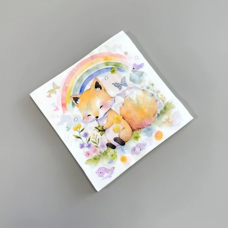 20Pcs/Bag Cute Rainbow Fox Jungle Animal Paper Decoupage Paper Napkins Paper Serviettes for Children Birthday Party Tableware