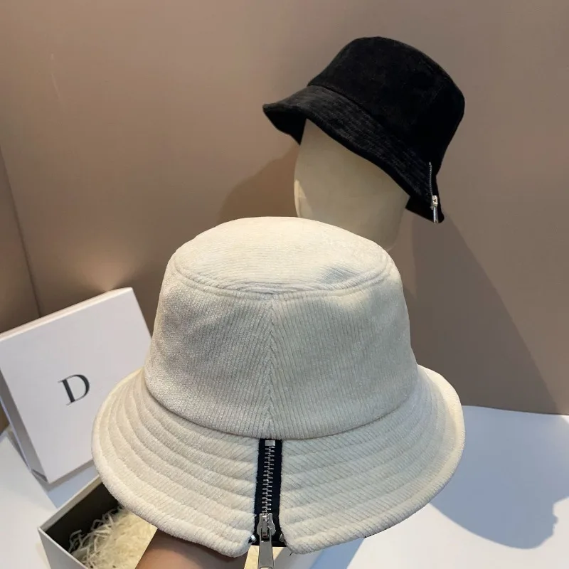 

​​2025 Corduroy Bucket Hat Women Zip Detail Wide Brim Face Slimming Adjustable Winter Hat French Chic Free Shipping​​