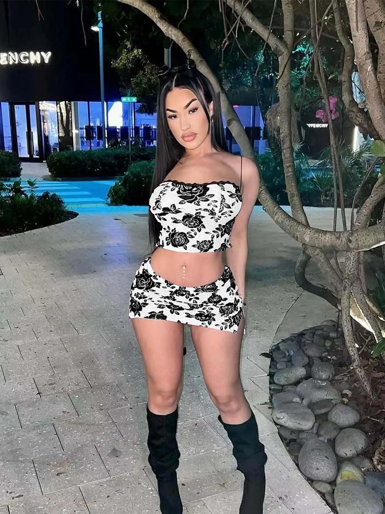 Summer Sexy Flower Print Skirts Suits Lace Halter Dress Two-Piece Set Women'S Tube Vest And Split Skirts Matching Slim Outfits