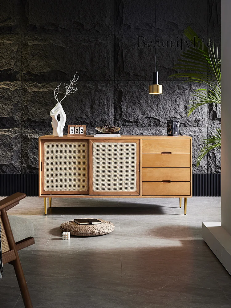 Japanese-Style Rattan Locker Solid Wood Sideboard